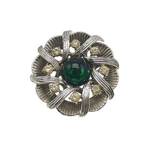 Vintage Silver Tone Brooch With Green Clear Rhinestones